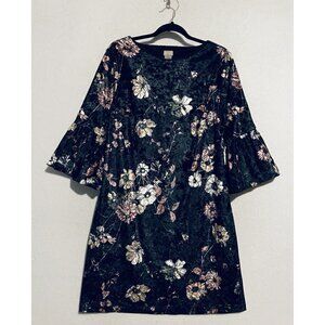 Chicos Dress Womens Medium Black Velvet Floral Puffy Bell Sleeve Shift Boho